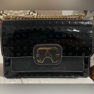 ARCADIA Made In Italy Leather Metal Hardware Flap Over Crossbody Black